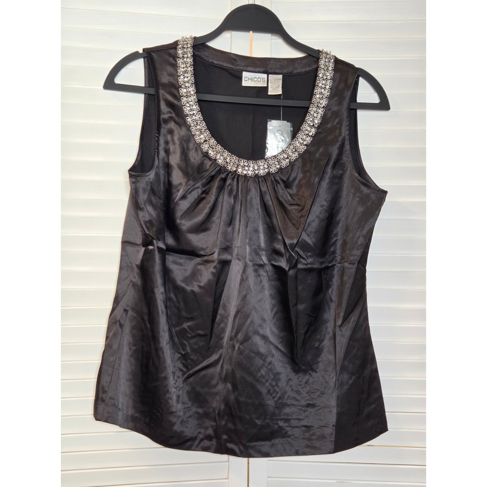Chico's Amaranth Shell Lalia SL Tank WO Size 1 Black Satin Rhinestone Top NEW